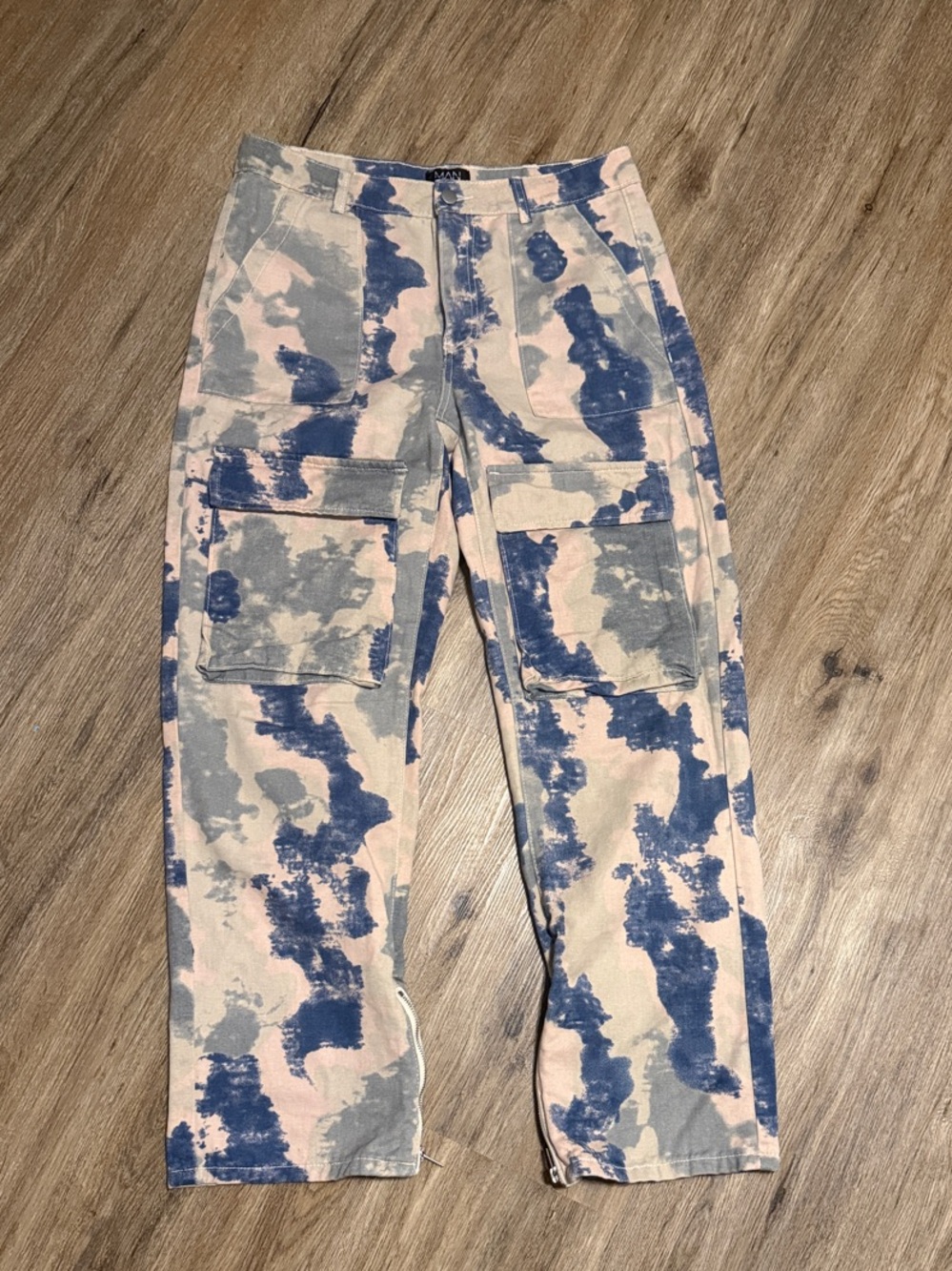 Boohooman MAN Tie-Dye Cargo Casual Pants - Blue & Tan Green Pink 32R
